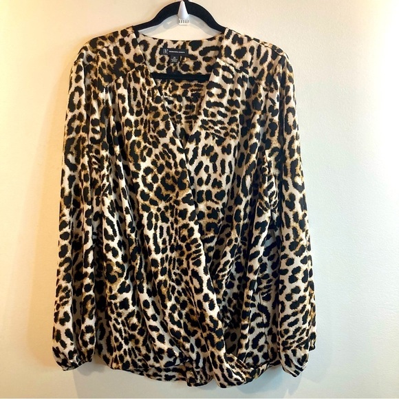 INC INTERNATIONAL CONCEPTS Sz 2X Faux  Wrap Balloon Sleeves Leopard Print Blouse - Picture 1 of 8